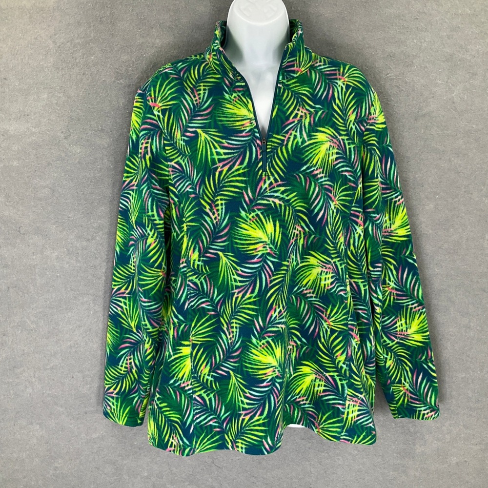 Lands End Sweater Women's XL Green Palm Print Fleece 1/4‎ Zip Pullover Outdoor